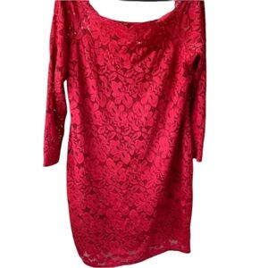 Calvin Klein  size 10 deep pink / raspberry lace dress with sequins 3/4 sleeve